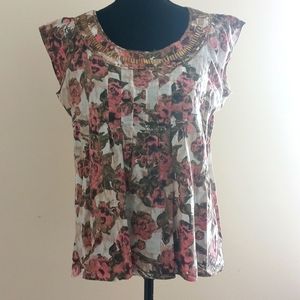 Cream top with pink and black flowers